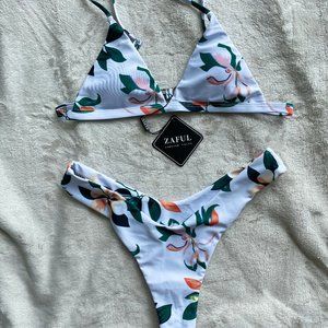 White Leaf Print High Leg Bikini